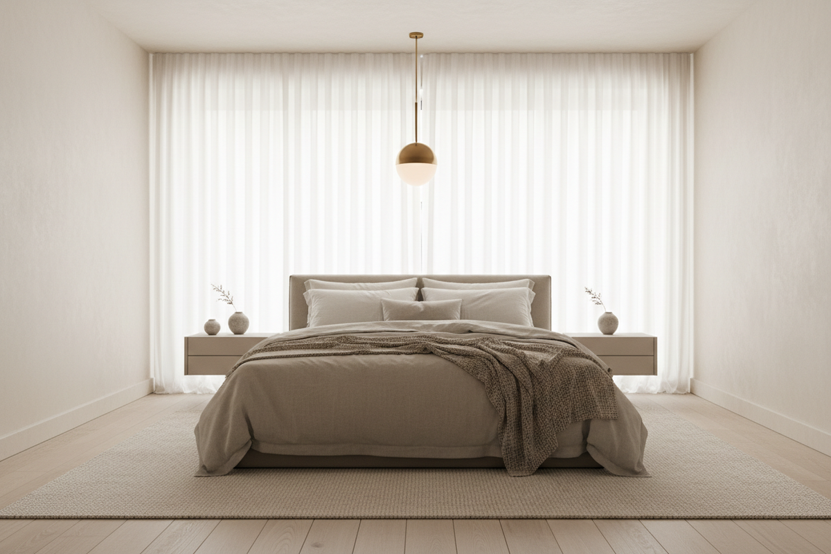 Beutiful home style bedroom showroom., one soft pendant or bedside lamp, curtain glow. Calm “boutique hotel” mood, airy and serene. Photorealistic editorial, straight-on composition, lots of negative space. No text, no logos, no people, no clutter.