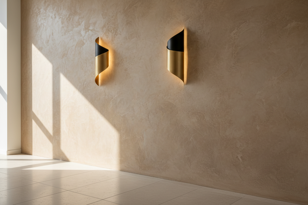 Luxury hallway / bedroom wall in a premium showroom. Two elegant wall lamps (sconces) as the hero on a textured plaster wall, warm ambient glow, soft natural daylight, warm neutral palette (stone, sand, taupe), subtle materials (brushed brass, matte black), minimalist styling, lots of negative space. Photorealistic, editorial, ultra clean. No text, no logos, no people, no clutter.