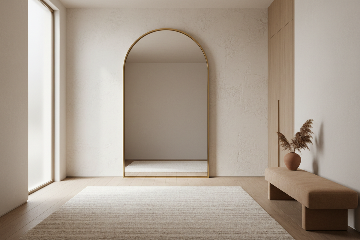 Premium quiet-luxury entryway showroom, large minimalist mirror hero on textured plaster wall, soft daylight, warm neutral palette, minimal styling, lots of negative space, photorealistic, no text, no logos, no people, no clutter.