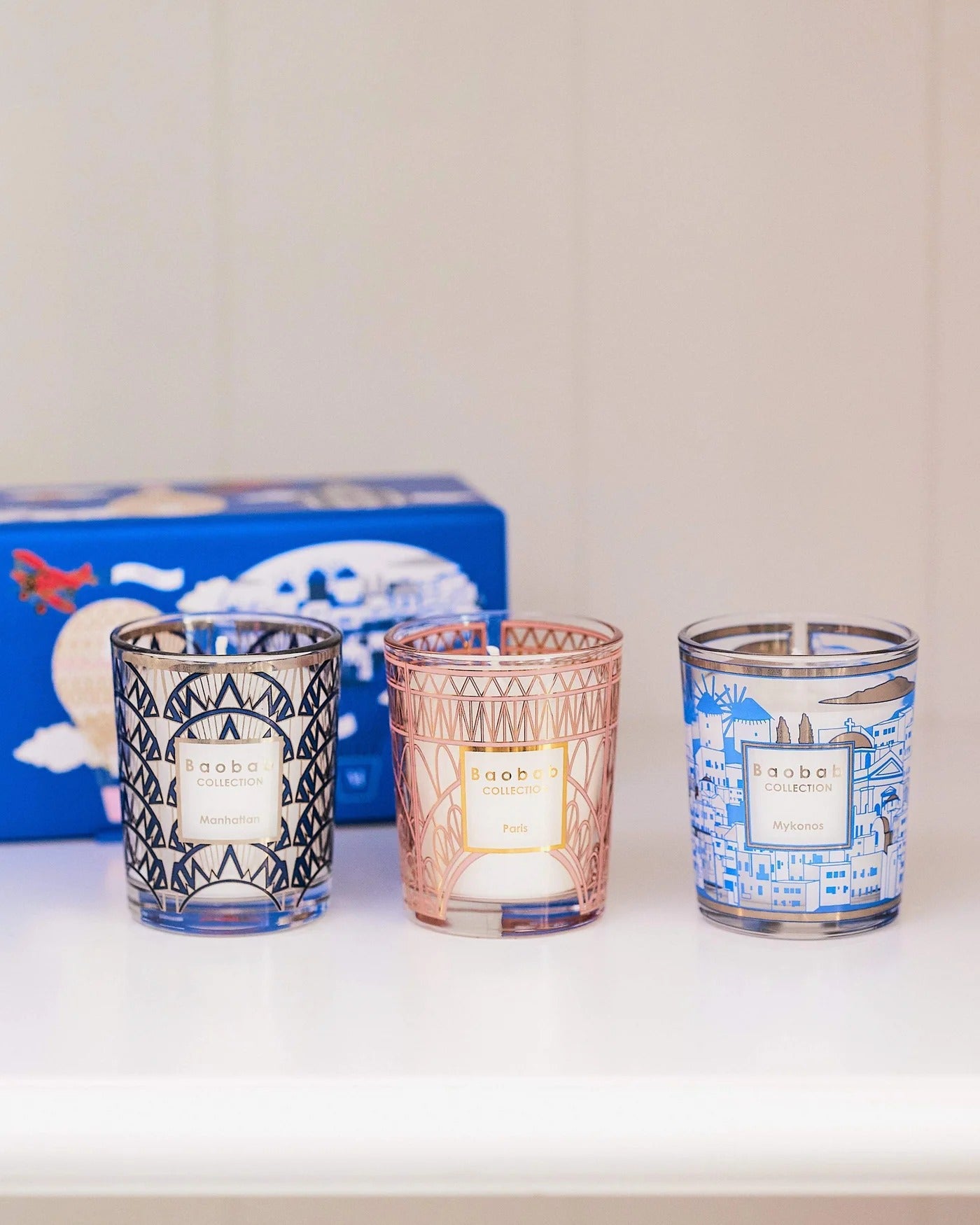 Trio Travel Candles Manhattan – Paris – Mykonos – zestaw świec Baobab Collection